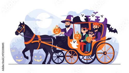 Halloween Horse-Drawn Carriage: A whimsical illustration of a horse-drawn carriage on a moonlit night, carrying a group of costumed figures celebrating the spirit of Halloween. Filled with pumpkins.