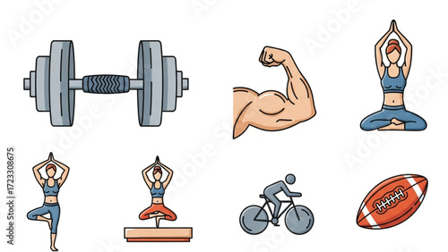 Fitness lifestyle icons showcasing strength, yoga poses, cycling, and football, perfect for health and wellness campaigns, designed with vector precision