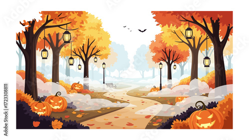Autumnal Halloween Walkway: A vibrant illustration of a Halloween scene unfolds along a pathway. The image is filled with pumpkins, trees, and lanterns, creating a festive and enchanting atmosphere.