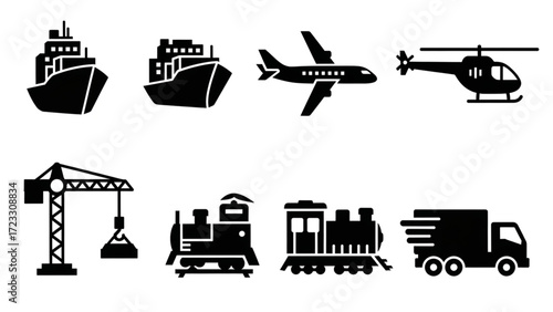 Transportation icons showcasing global logistics, including shipping, aircraft, delivery truck, helicopter, trains, and cargo crane for supply chain concepts