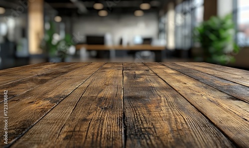 Wooden table top in a modern office setting.  Blurred background