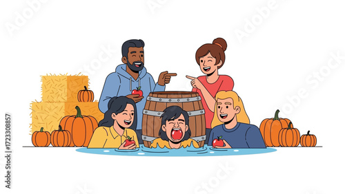Family Enjoying Apple Bobbing: Capturing a heartwarming scene of familial bonding during an autumn festival.
