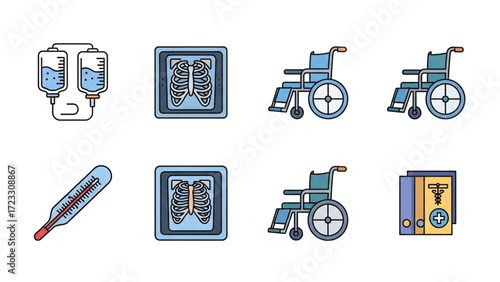 Medical icons for healthcare industry, including a wheelchair, x-ray, thermometer, IV drip, and patient records, showing diagnosis and treatment