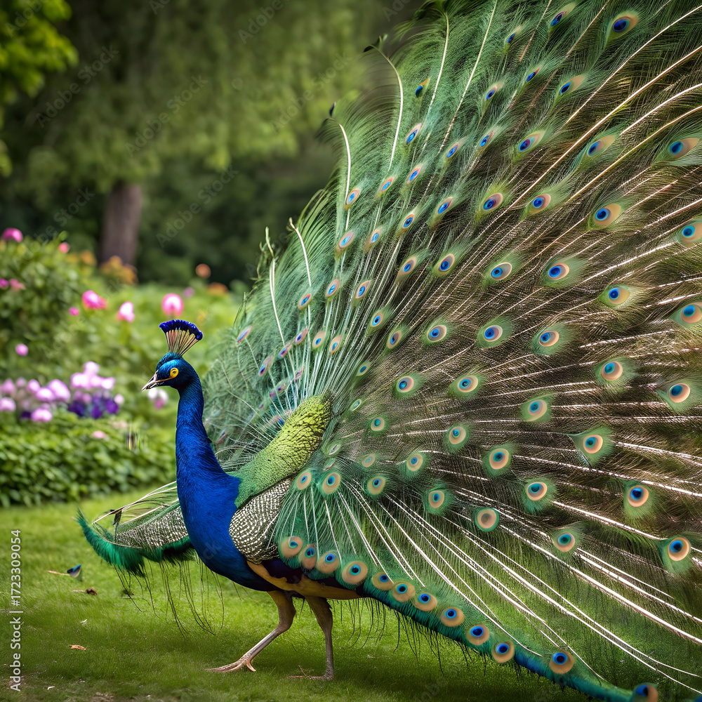 Naklejka premium beautiful peacock displaying vibrant and colorful