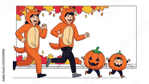 Halloween family's fun and happiness: A cartoon illustration of a family dressed in vibrant Halloween costumes cheerfully races down a festive street.