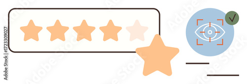 Five-star review panel with highlighted stars, overlay eye icon and checkmark indicating focus on feedback analysis. Ideal for quality evaluation, review system, satisfaction measurement, surveys