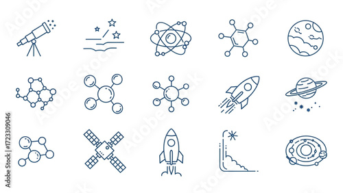 Space exploration icons showing astronomy, rockets, planets, and science, perfect for education, technology, and futuristic designs with a vector feel