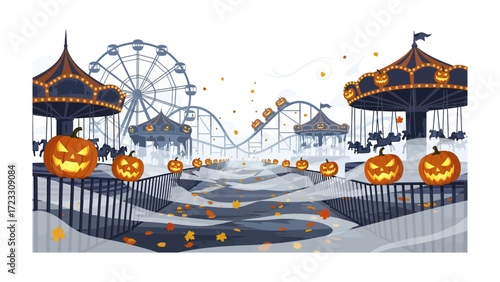 Halloween Carnival Scene: Capture the essence of autumn festivities with a captivating illustration featuring an enchanting carnival, complete with intricately carved pumpkins, Ferris wheel.