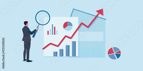 Businessman analyzing financial data charts and graphs with a magnifying glass showing upward trend