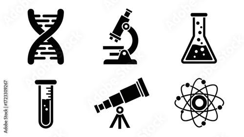 Dive into discovery with these bold science icons perfect for education, research, and innovation projects, from DNA to atoms, explore the universe.