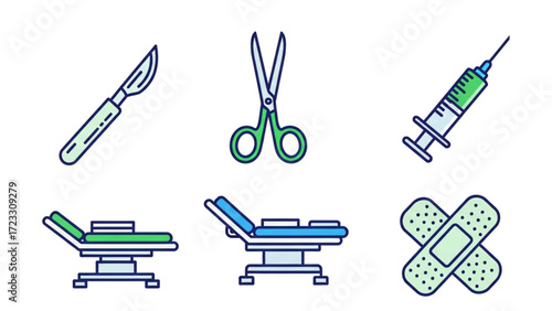 Essential medical supplies and equipment for clinic, hospital, or healthcare practice featuring scalpel, scissors, syringe, bed, and bandage icons