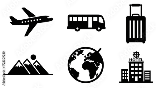 Plan your next vacation with this travel icon set featuring airplane, bus, luggage, mountains, hotel and globe, perfect for travel agencies