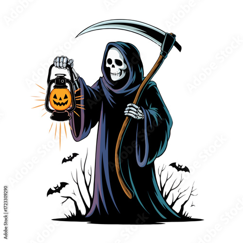 Grim reaper holding a halloween pumpkin lantern isolated on white background