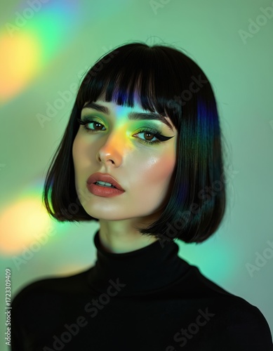 Beauty close-up portrait of woman with black bob haircut in studio with creative lighting. Rainbow light effect on face, green eye makeup. Modern glamour girl with confident stare. Fashion, beauty,