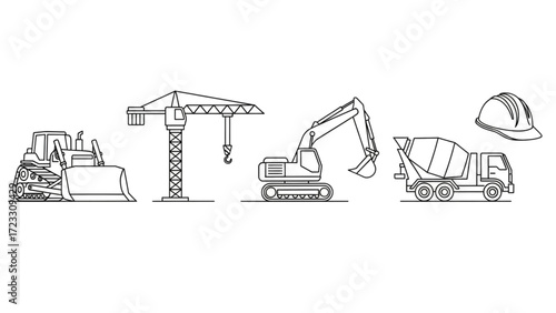 Line art construction equipment set including bulldozer, crane, excavator, cement mixer, and safety helmet for blueprint or engineering designs