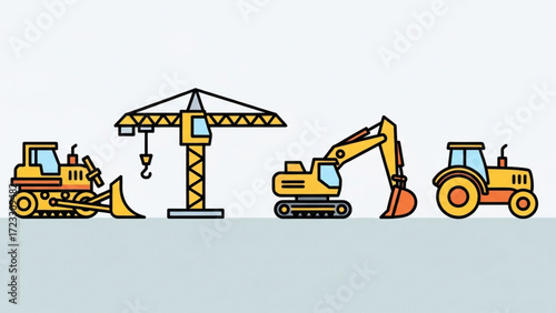 Cartoon construction vehicles convey building, infrastructure, and engineering themes in a fun, modern, and engaging style perfect for educational content