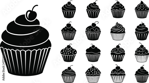 Collection of sixteen cupcake icons, black and white, various toppings.