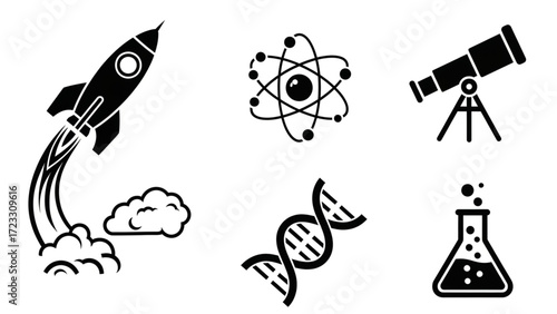 Ignite Discovery with Science Icons: Rocket Launch, DNA, Atom, Telescope, and Beaker for Educational and Research Designs, Inspiring Curiosity and Innovation