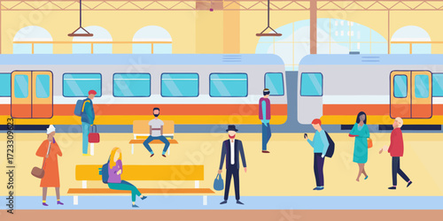Diverse group of people waiting for a train at a modern station platform with a train arriving