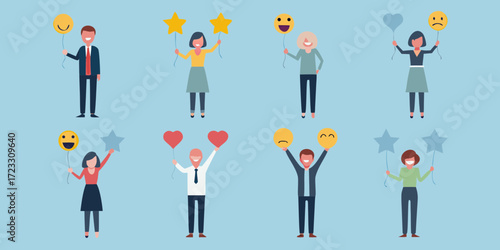 Diverse group of people holding balloons with different emojis and shapes representing emotions and feedback