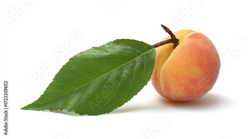 A ripe peach with a green leaf stigma, fresh and juicy fruit, natural still life, healthy snack, summer produce,