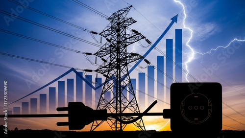Soaring energy demand with power lines and lightning strikes, representing growth in electricity consumption and infrastructure development
