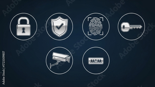 Cybersecurity icons depicting data protection, surveillance, and biometric access for digital safety, perfect for modern tech and security industries