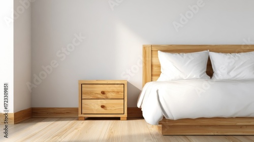 A minimalist bedroom with light wooden aesthetic, featuring a bed with wooden headboard, white bedspread,
