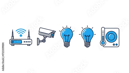 Smart home technology icons showcasing connectivity, security, illumination, and climate control for modern living and digital innovation