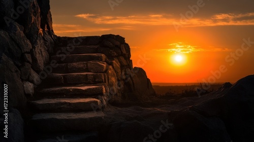 An ancient stone staircase ascends against a breathtaking sunset backdrop with vibrant orange and yellow hues near the h