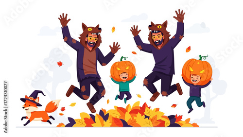 Halloween Fun: Cheerful individuals and a fox embrace the spirit of Halloween with vibrant costumes and joyful exuberance, surrounded by a festive autumnal atmosphere.