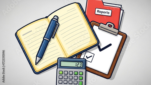 Organize your business tasks with a notebook calculator pen and reports folder for efficient planning and project management success