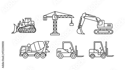 Dynamic collection of essential construction vehicles including bulldozer excavator crane cement mixer and forklifts for industry projects