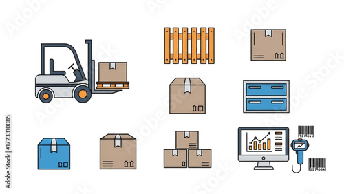 Modern logistics icons showcasing forklift, boxes, pallet, filing cabinet, computer analytics, and barcode scanner for efficient supply chain management