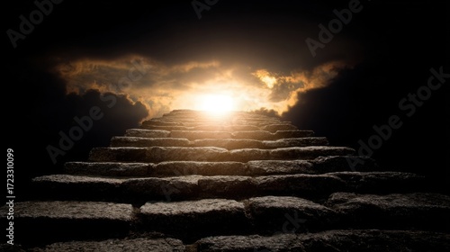 Ancient stone steps ascend towards a dramatic horizon, illuminated by the golden light of dawn or dusk,