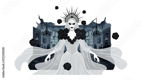 Spectral Enchantment: A spectral figure, adorned in an ethereal gown, stands poised amidst the remnants of a haunted ballroom, conjuring an atmosphere of mystery and the supernatural.