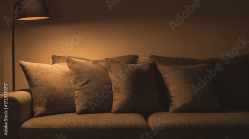 A cozy living room with a plush beige sofa, textured pillows,