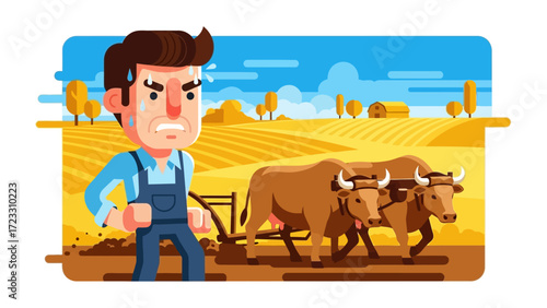 Stressed farmer and oxen: a stylized illustration of a farmer, visibly stressed, working his field with the help of oxen, with clear blue skies.