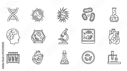 Discover life's intricate details with stunning scientific icons depicting DNA, cells, microbes, the brain, and the heart, perfect for educational and research projects.