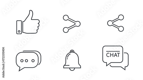 Modern social media icons like thumbs up, share, chat, and notification bell for digital engagement and communication concepts