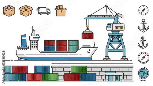 Dynamic shipping port scene with cargo ship, crane loading containers, delivery truck, and nautical icons for global logistics and trade