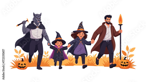 Spooky Family on Halloween Adventure: A family in Halloween costumes excitedly exploring a decorated outdoor scene filled with festive elements, representing a fun celebration. 