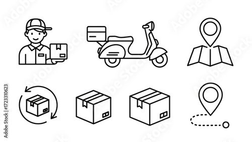 Dynamic delivery icons capturing courier, scooter, map, location, and package logistics for fast, modern shipping solutions.