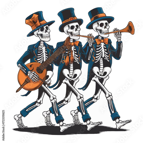 Three skeletons in formal attire playing musical instruments isolated on white background
