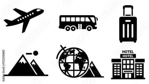 Essential travel icons capturing airplane, bus, luggage, mountains, globe, and hotel for your next adventure planning and tourism projects.