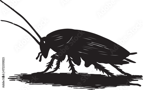 Detailed silhouette illustration of a cockroach crawling on a dark surface with white background