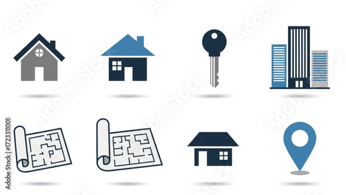 Discover your dream home with essential real estate icons including houses blueprints keys and location markers for a seamless property search