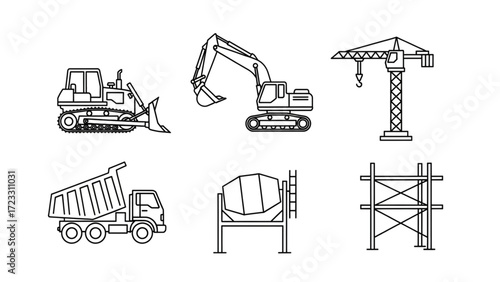 Dynamic construction machinery icons including bulldozer, excavator, crane, dump truck, cement mixer, and scaffolding for industrial projects and heavy equipment themes.