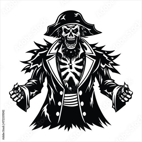 Skeleton pirate rising with tattered coat spooky
