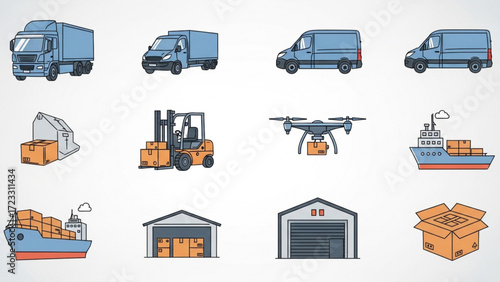 Dynamic logistics icons showcasing modern transport, delivery, and warehousing solutions for efficient global commerce and supply chain operations.